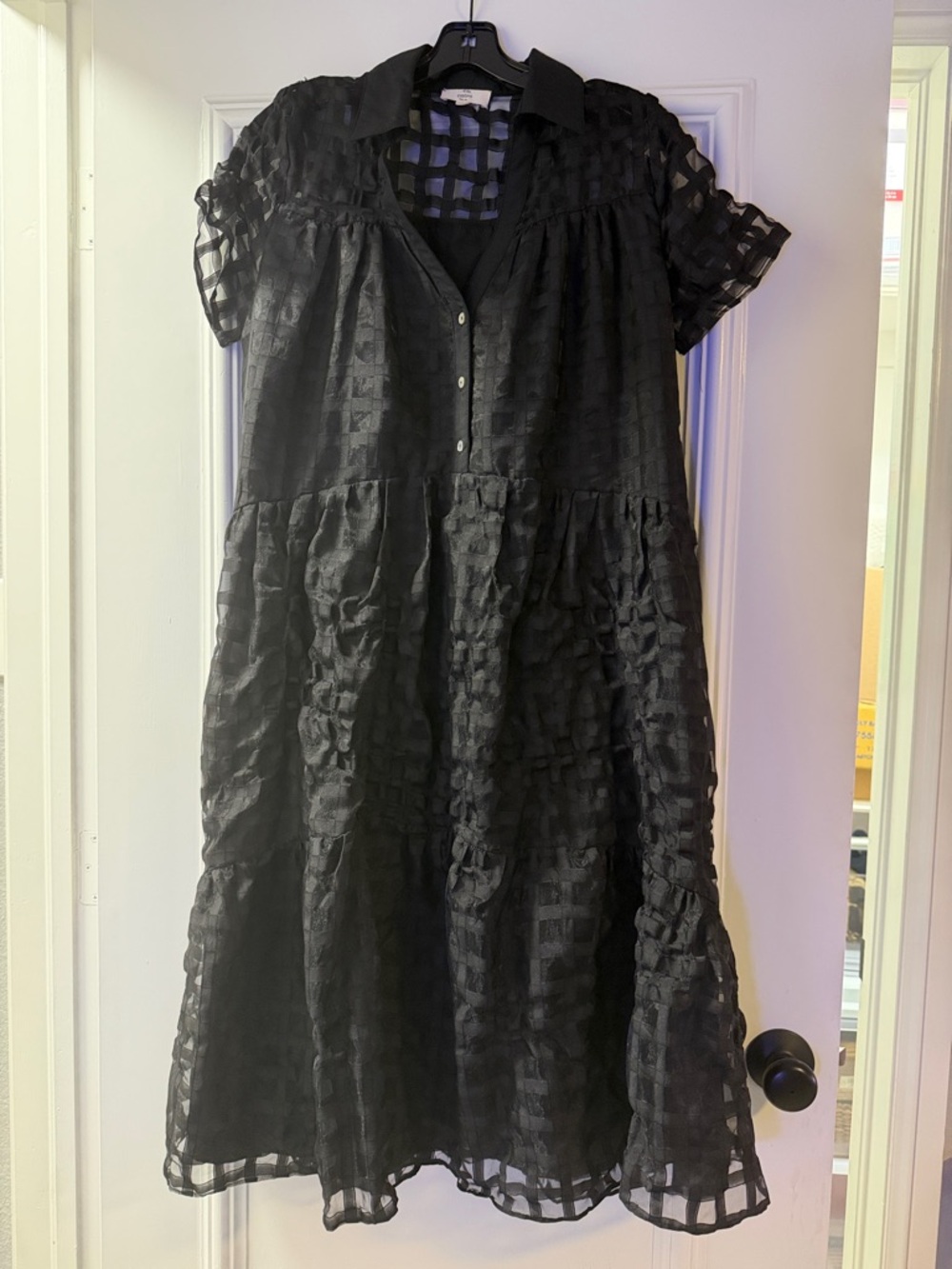 entro Black Sheer Check Midi Dress with Collar